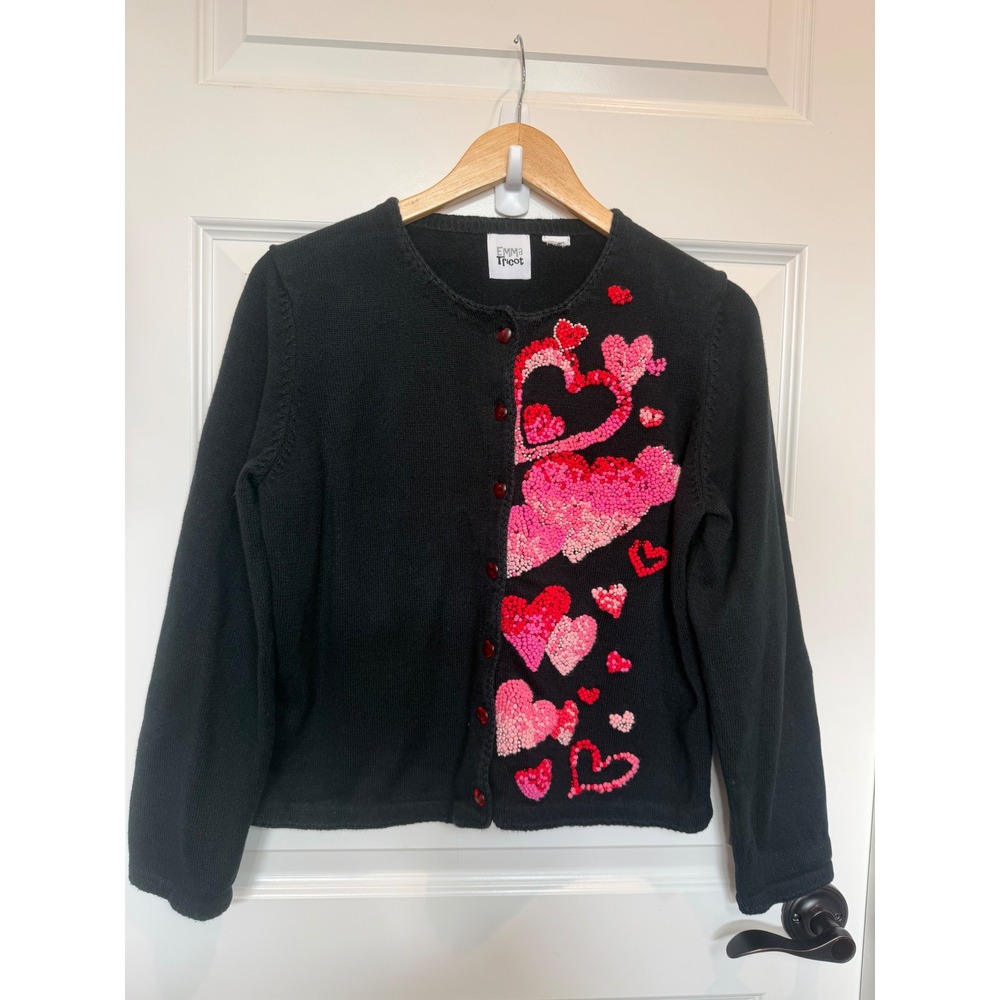 Emma Tricot Black Heart Cardigan Sweater Valentines  S/M Vintage French Knot